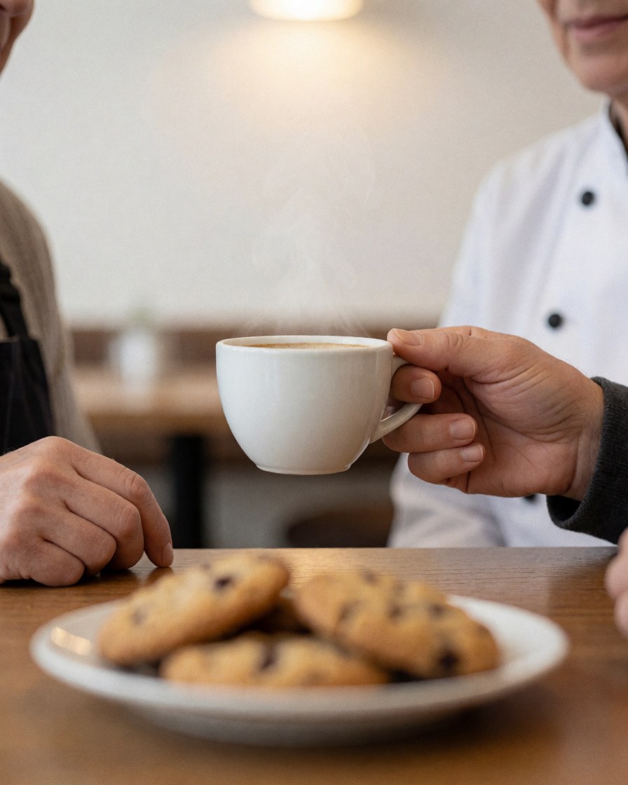 Close-up of hands holding a white coffee cup in a bright cafe with warm lighting.