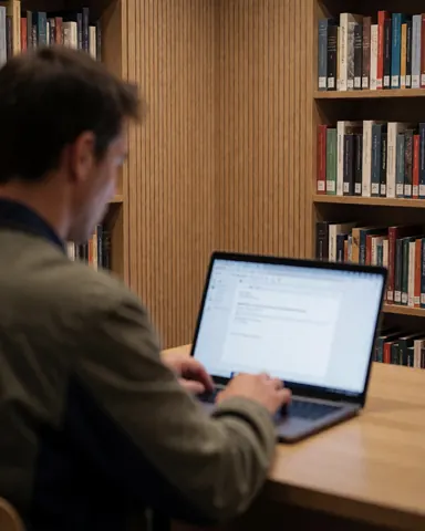 An adult student typing on a laptop in a library with bookshelves, depicting a dedicated study scene.