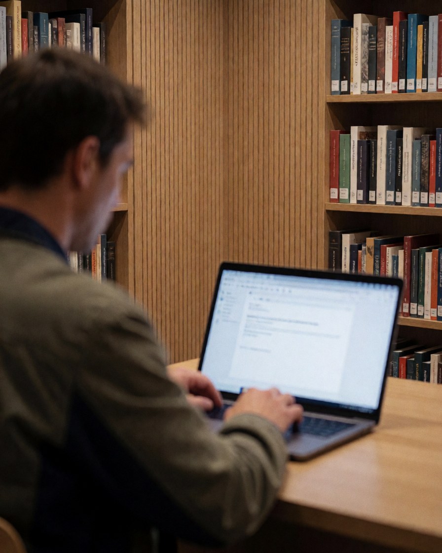 An adult student typing on a laptop in a library with bookshelves, depicting a dedicated study scene.