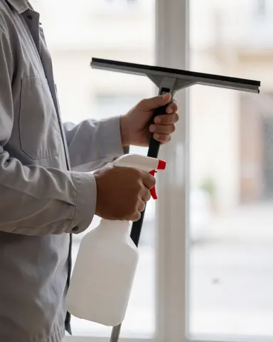 A professional cleaner holds a squeegee and cleaning spray bottle near a window frame with natural light.
