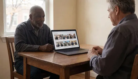 Two men reviewing portfolios on a laptop in a room with wooden walls and beige walls with natural light.