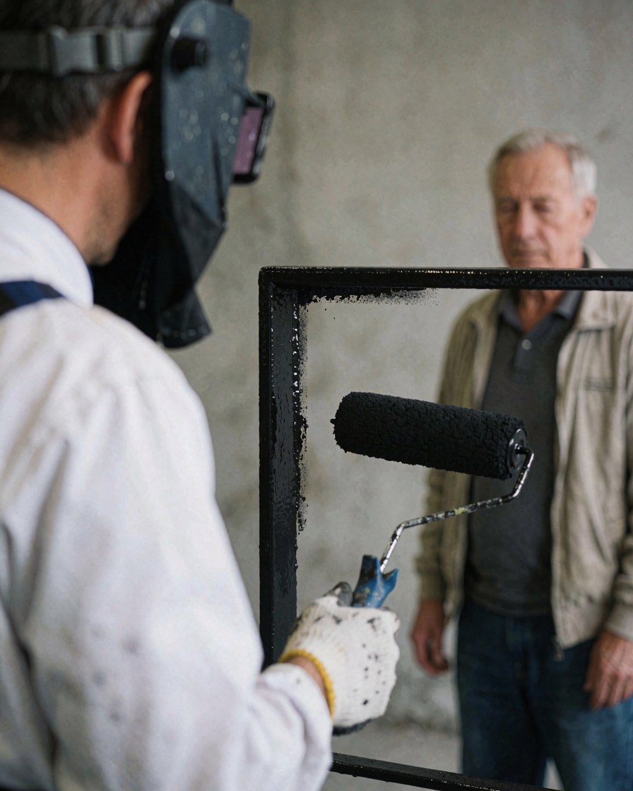 A client observes the black paint application on a metal railing inside a workshop with concrete walls.