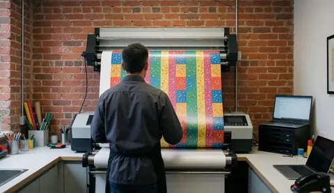 A worker guides a roll of colorful gift paper through an industrial printer in a workshop with a red brick wall.