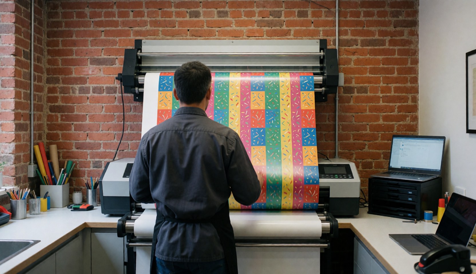 A worker guides a roll of colorful gift paper through an industrial printer in a workshop with a red brick wall.
