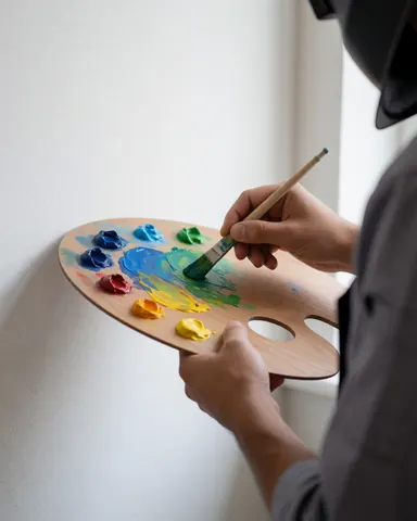 A hand blends blue and yellow paint on a wooden palette against a white wall for a painting course