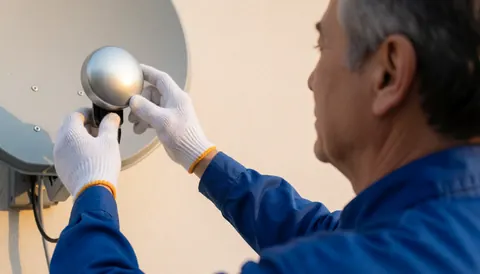 Technician installing satellite antenna equipment on exterior wall