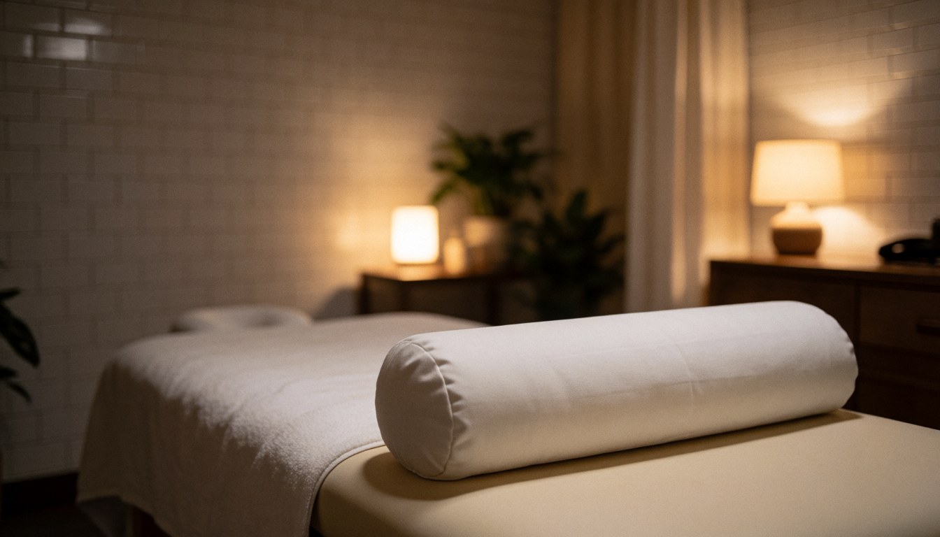 A white massage bed in a spa room with white tiled walls and warm lighting, ideal for a business homepage.