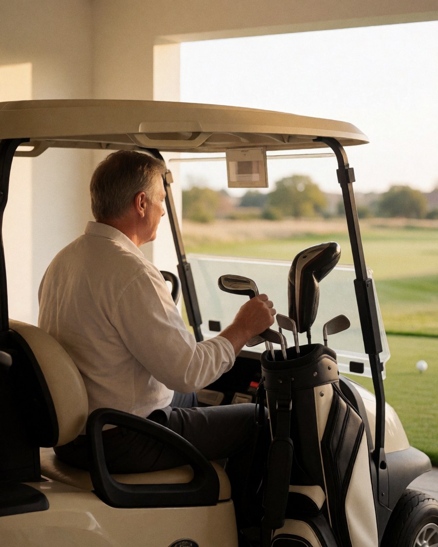 A golfer holding golf clubs while standing in a golf cart with the course in the background