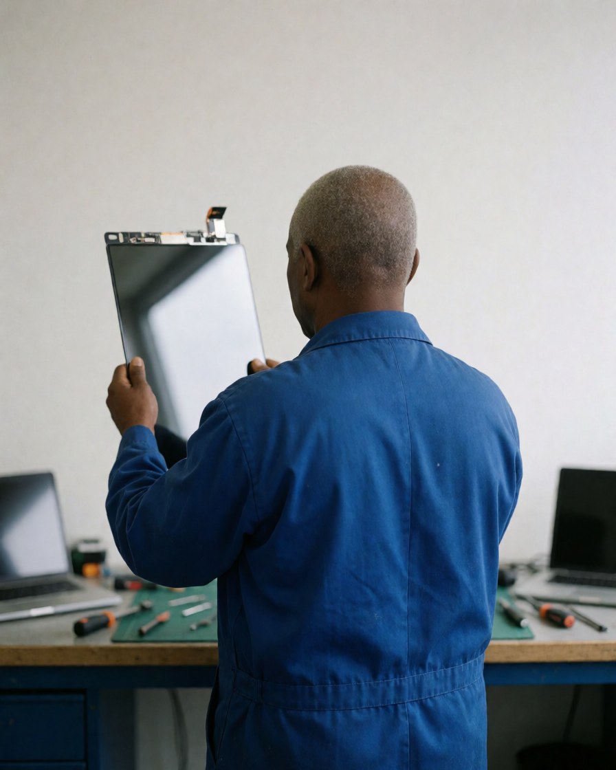 Close-up of a technician's hands holding an OLED display panel during a mobile phone repair service in a workshop.
