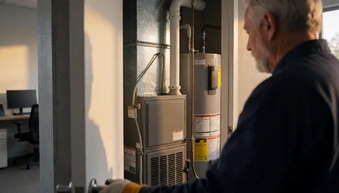 A heating repair technician checks a boiler and water heater in a concrete room with warm lighting and visible tools.
