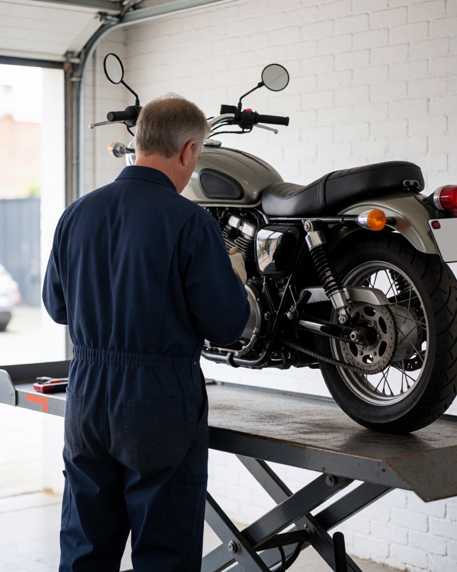 Mechanic in coveralls inspecting motorcycle engine on hydraulic lift in workshop with white brick walls and natural light
