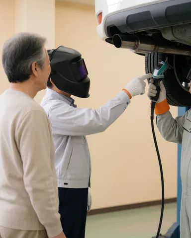 A mechanic wearing a welding helmet explains an exhaust system repair to a customer in an auto shop.
