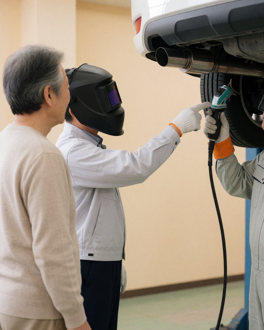 A mechanic wearing a welding helmet explains an exhaust system repair to a customer in an auto shop.