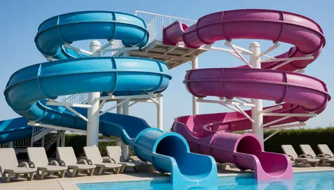 Blue and magenta water slides at a water park with an empty pool and lounge chairs under a clear blue sky