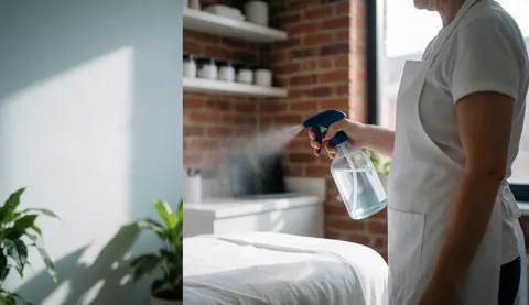 Professional in apron cleaning treatment bed with spray, brick wall and natural light in beauty salon.