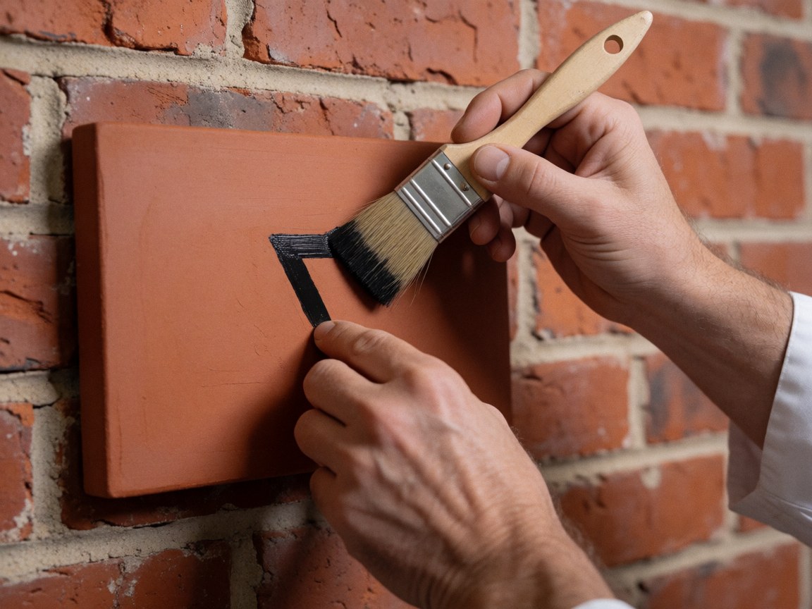 Close-up of a hand using a brush to apply black slip onto red terracotta against a brick wall in a pottery workshop