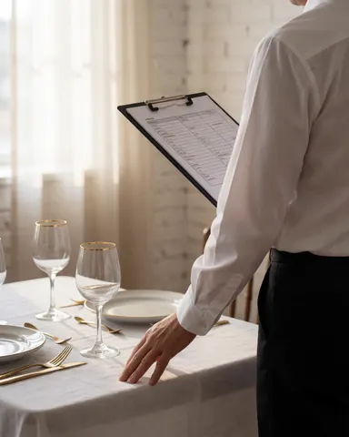 Party coordinator arranging gold dinnerware on a table with white linens in a room with white brick walls