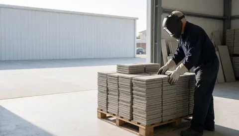Worker wearing welding helmet and gloves handling concrete roof tiles on a pallet in an industrial warehouse.