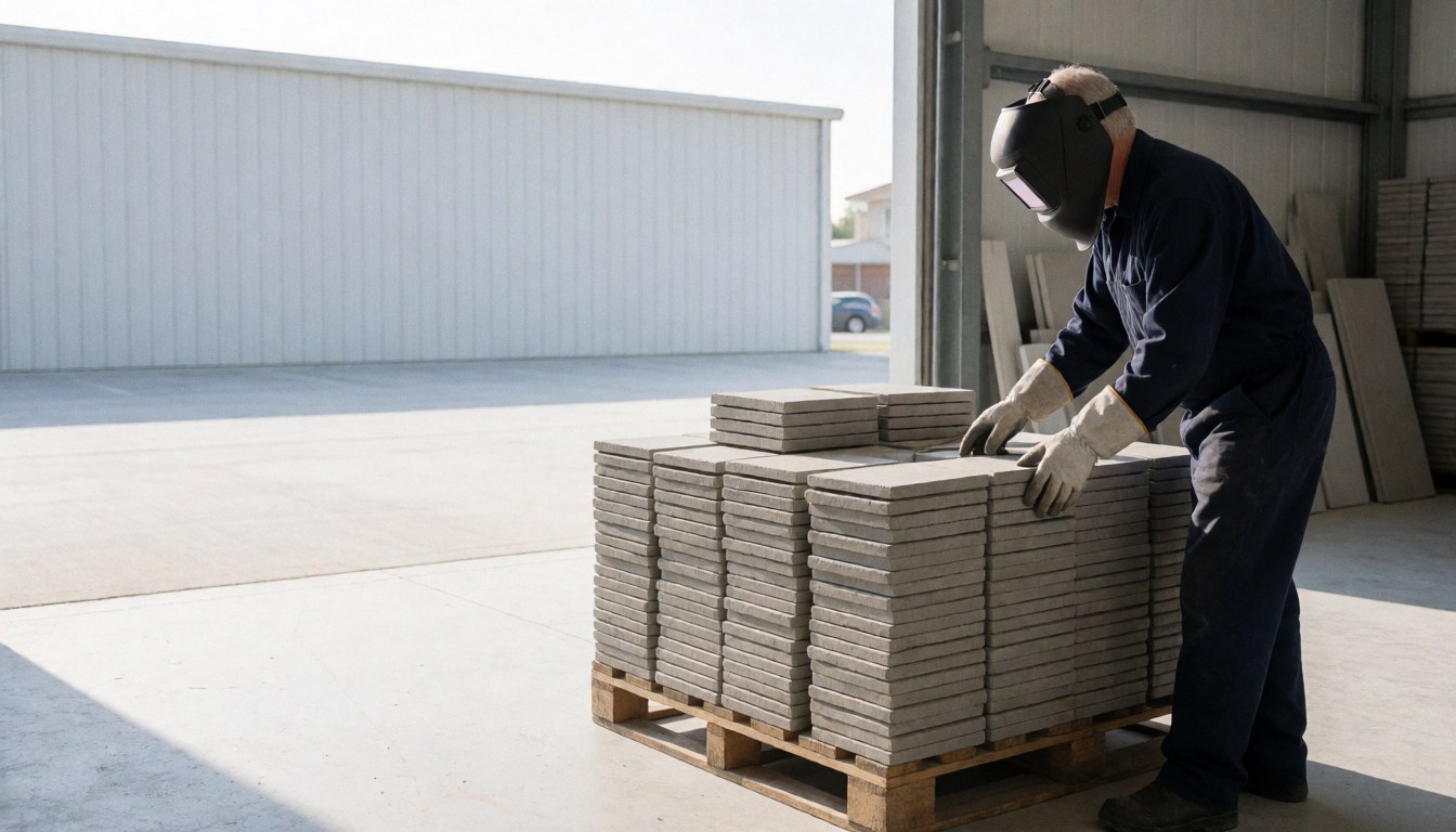 Worker wearing welding helmet and gloves handling concrete roof tiles on a pallet in an industrial warehouse.