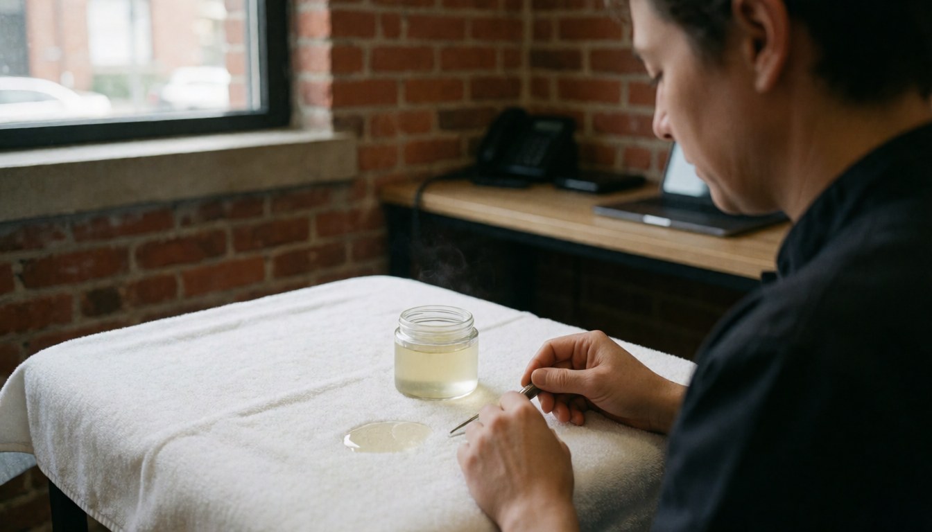 A professional applies laser hair removal gel to a client's skin during a treatment session in a clinic setting.