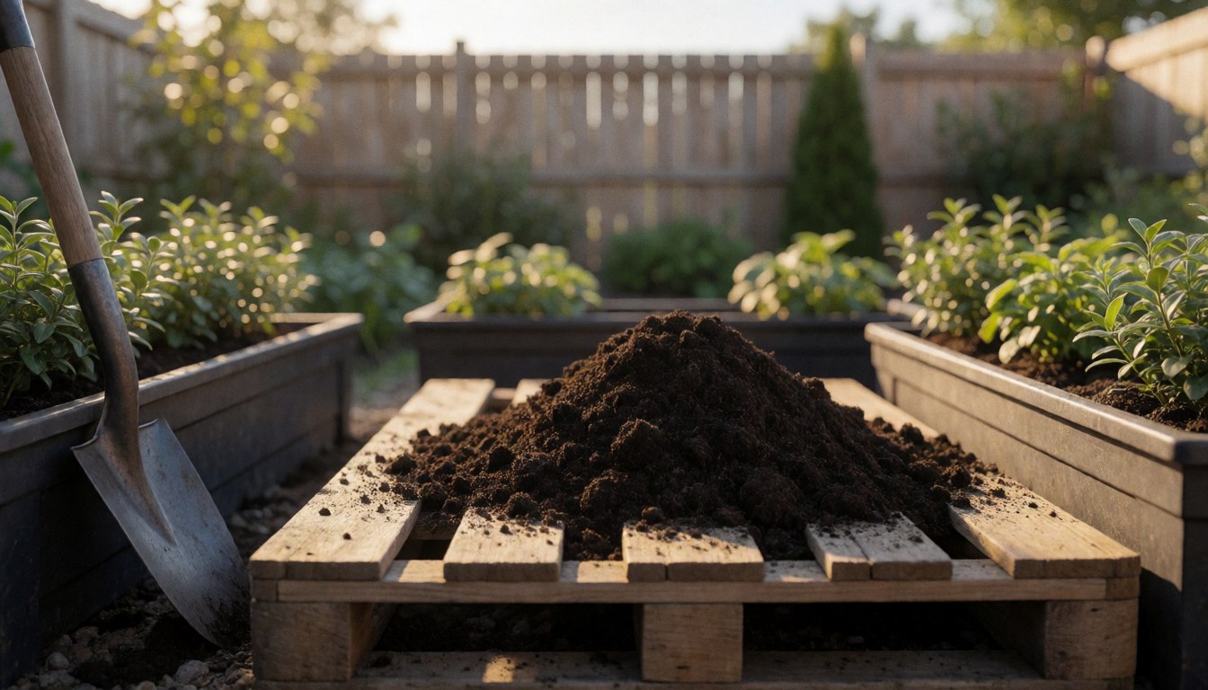 Mound of organic soil on a wooden pallet beside a metal shovel and potted plants in a garden at sunset