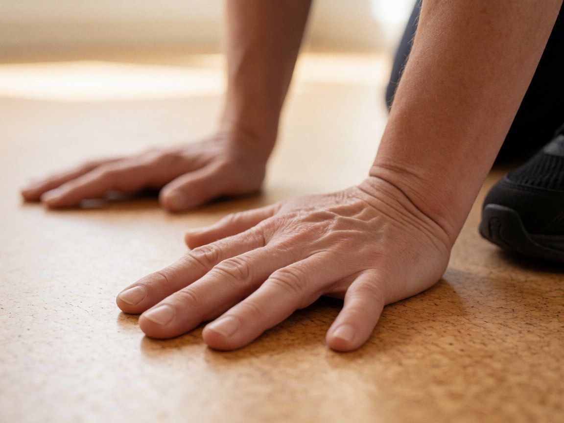 Close-up of hands resting on a cork floor during a theater workshop, focusing on balance and stability with soft, warm lighting.