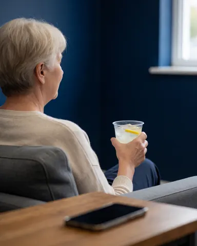 A woman sits on a gray sofa holding a glass of lemonade with ice, with a smartphone on a nearby wooden table in a room with blue walls.