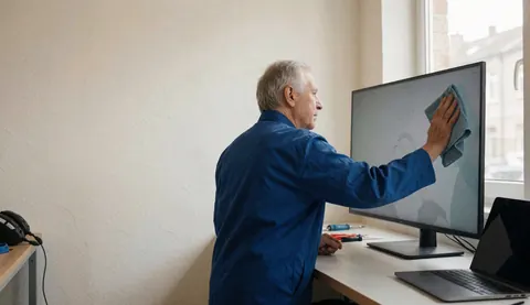 Tv repair technician cleaning a large monitor screen with a microfiber cloth in a bright office setting