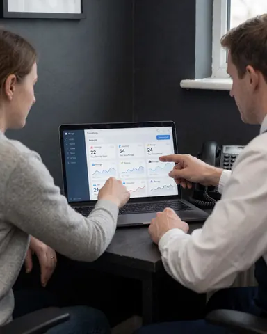 Technician and client review storage dashboard on laptop in an office setting for digital security services