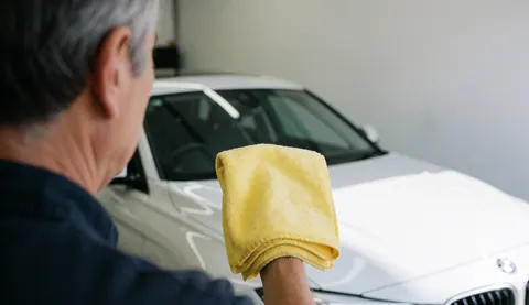 A man uses a yellow cloth to polish a white car in a workshop with white walls and natural light.