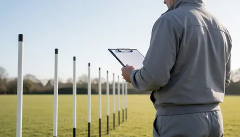Back view of a soccer coach on a field preparing a training session with a clipboard