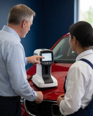 A professional and a client review the color of a red car using a spectrophotometer in an auto body shop.