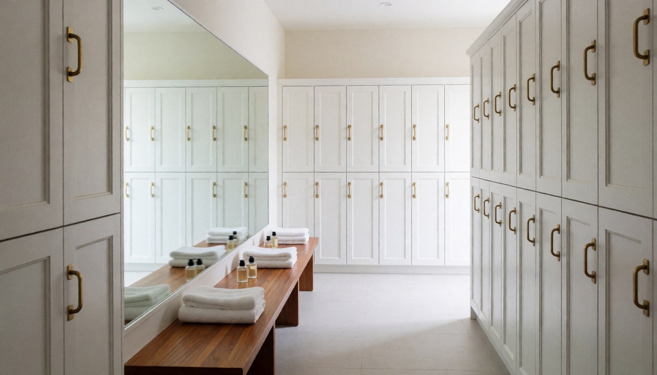 Modern locker room featuring white lockers, a wooden bench, and neatly folded towels, suitable for a beach club or spa setting