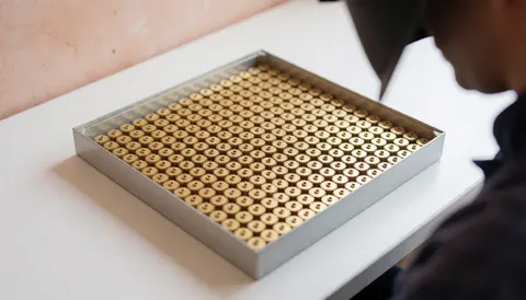 Metal watch gears arranged on a tray in a workshop with a terracotta plaster wall and soft lighting