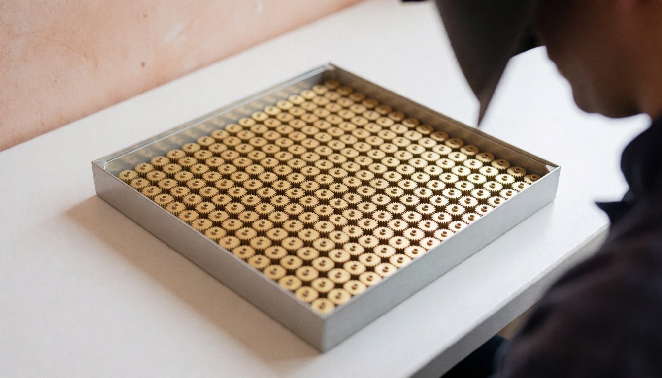 Metal watch gears arranged on a tray in a workshop with a terracotta plaster wall and soft lighting
