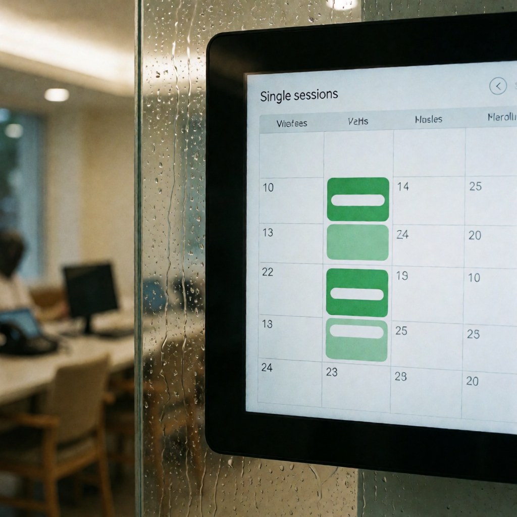 A mounted digital display near a pool shows green slots available for individual training session bookings.