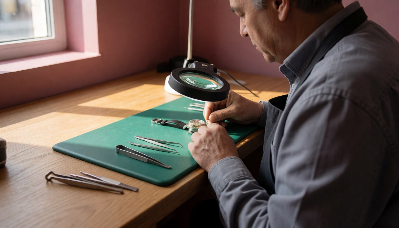 A watchmaker uses a magnifying glass and tools on a wooden table with natural light to repair a watch.