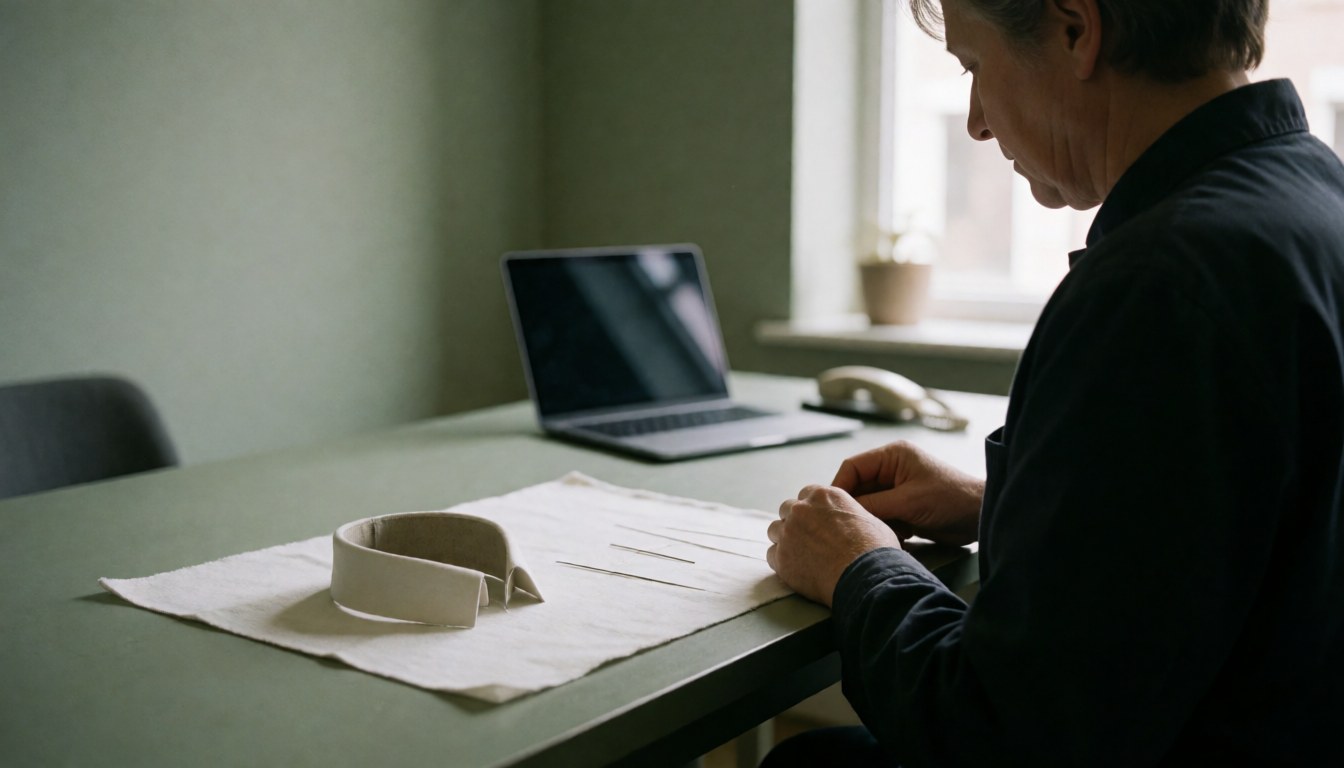 Close-up of hands stitching a shirt collar onto white fabric on a work table with green walls and natural light