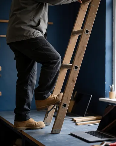 A customer testing a wooden ladder in a carpenter workshop with blue walls and natural light
