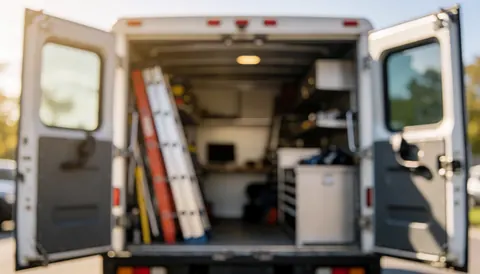 Blurred background of a ladder installer's pickup truck with ladders and toolboxes, warm sunset light.