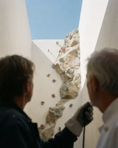 A customer wearing a glove looks at an artificial climbing wall with colorful holds under a clear blue sky.