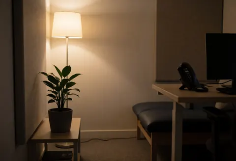 Quiet therapy room interior featuring an acoustic wall panel, a potted plant, a floor lamp, and a wooden desk for hypnotherapy sessions