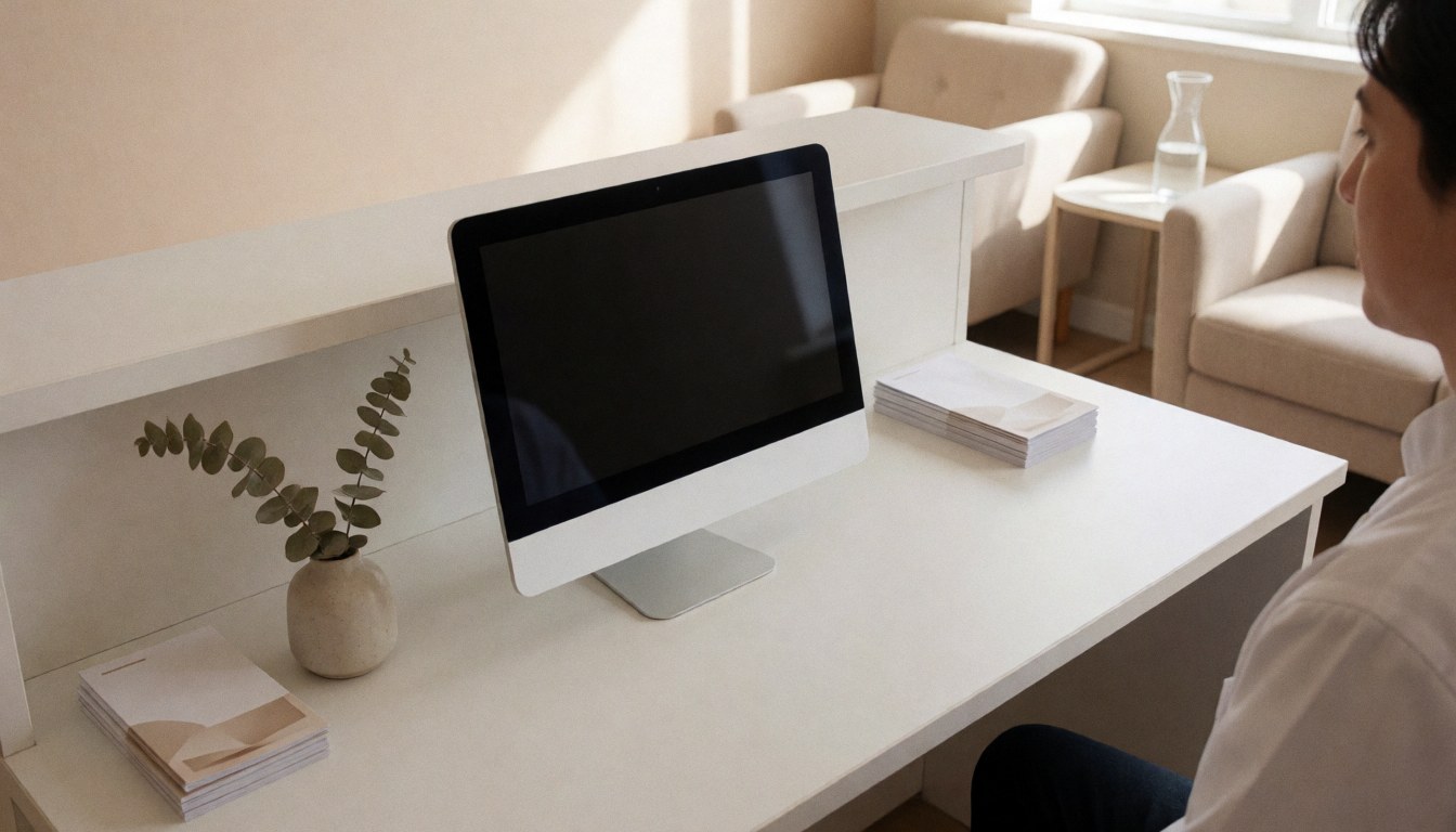 Modern beauty salon reception area featuring a computer, brochures, and waiting chairs illuminated by natural light