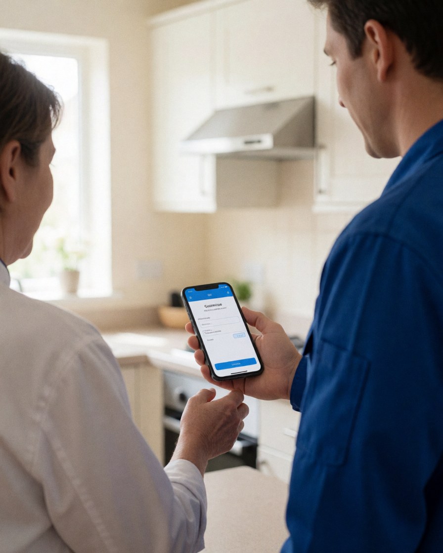 Technician in blue uniform displays payment screen on mobile phone to customer in modern kitchen with natural light