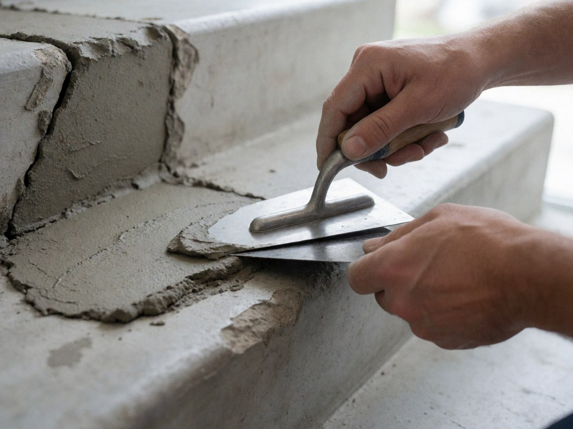 Close-up of a hand using a trowel to apply mortar into a crack on a concrete staircase for repair purposes