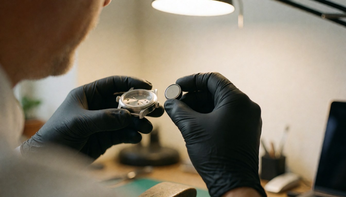 Watch repair technician working on a timepiece with a battery, wearing black gloves under a work light in a workshop.