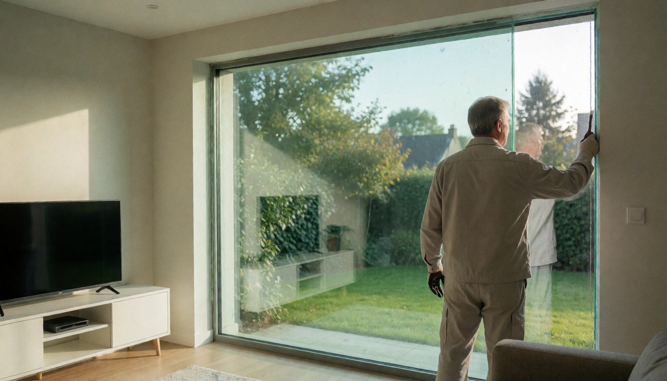 Worker adjusts the seal of a newly installed laminated window in a modern living room with a view of a green garden and soft natural light.