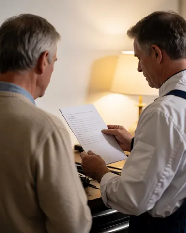 Mechanic and customer checking a service checklist in a motorcycle repair shop with warm lighting and white walls