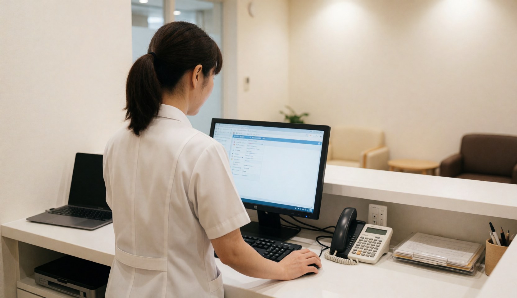 Receptionist in white uniform working on computer at clinic reception with waiting chairs in background