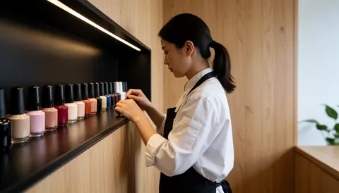 A manicurist in a white uniform and black apron selects a nail gel color from a row of bottles on a black shelf.